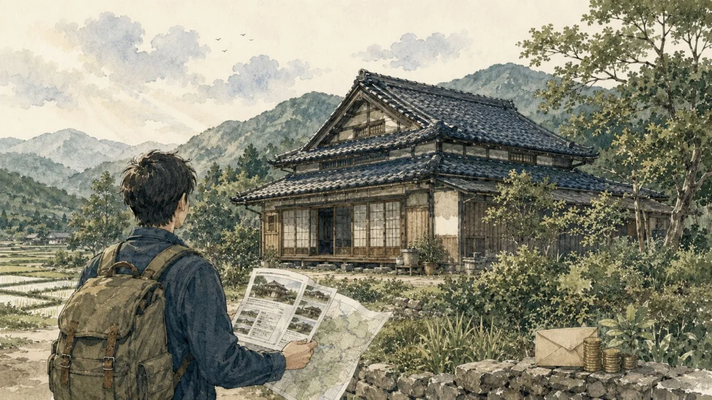 古民家との出会いや補助金など移住のメリットを表すイメージ
