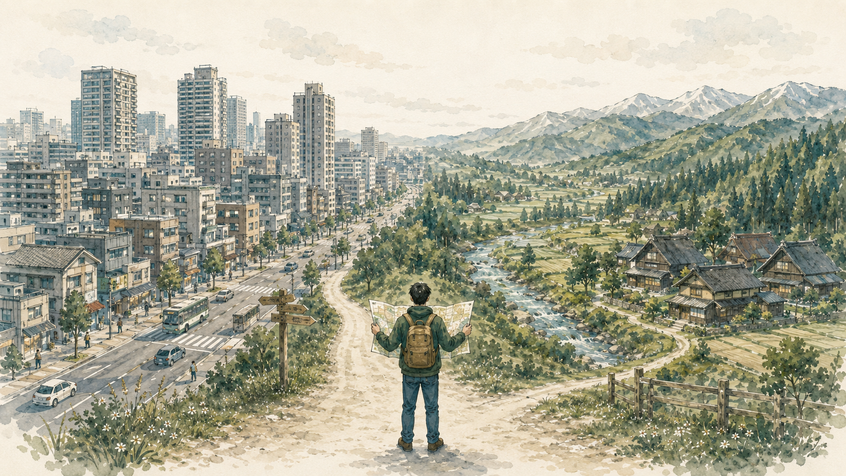都市部と山間部という2つの異なる地方の暮らしを見比べる場面