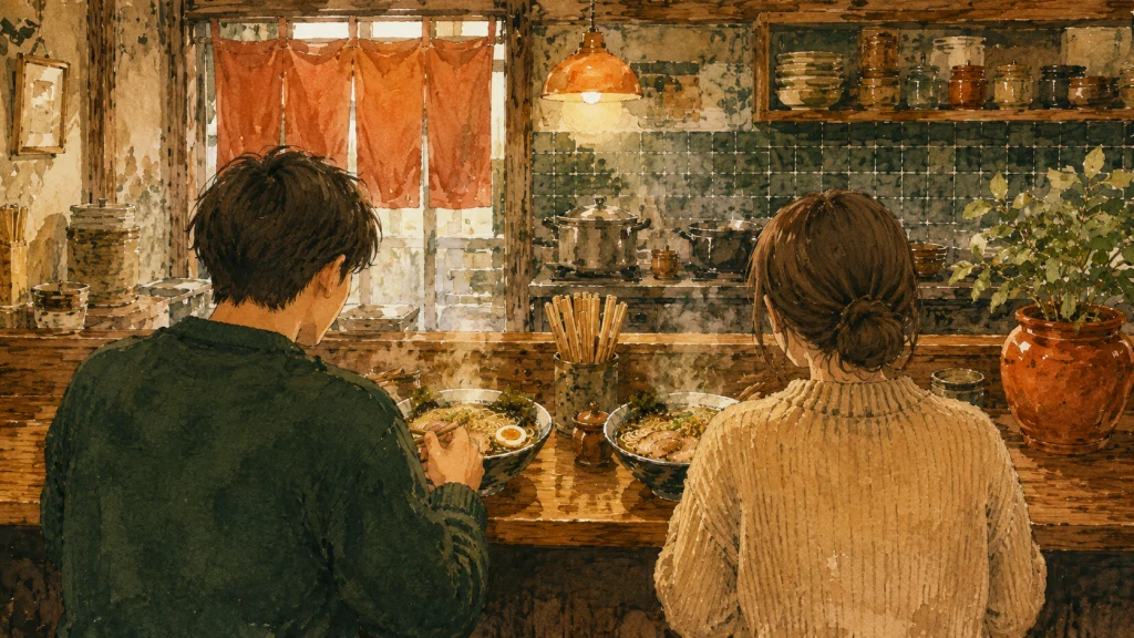 学生時代から通っていたラーメン店に妻と再訪する様子を表すイラスト