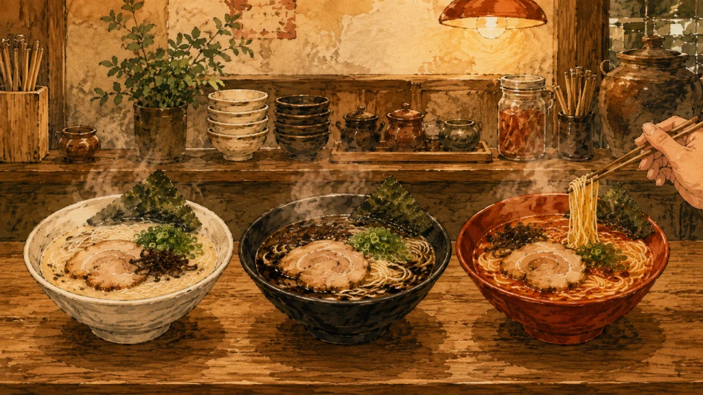 白・黒・赤の3種類のラーメンが並ぶ食卓のイラスト