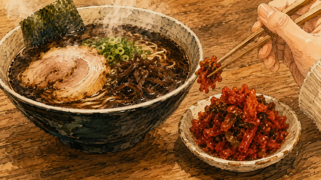 黒ラーメンと辛子高菜を前にした食卓のイラスト