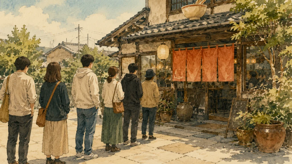 店の外に少し行列ができている様子を表すイラスト