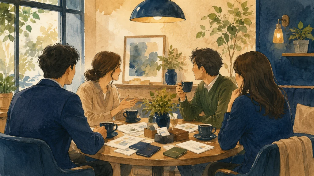 丸テーブルを囲んで談笑する数人の後ろ姿