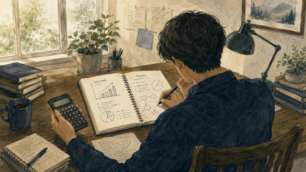 電卓と書類を前に税金の仕組みを考える様子
