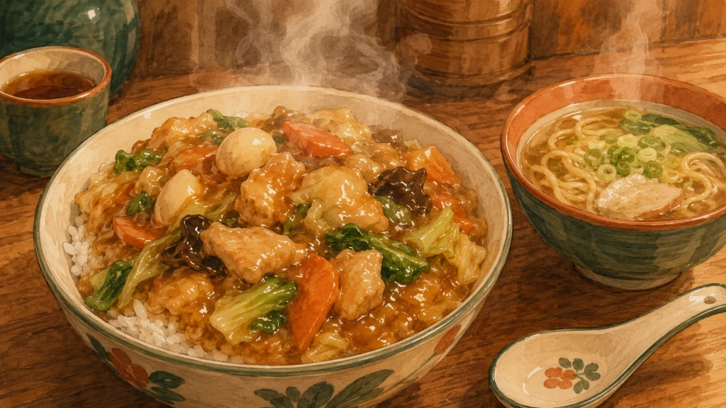 湯気の立つ中華丼とミニラーメンのセット