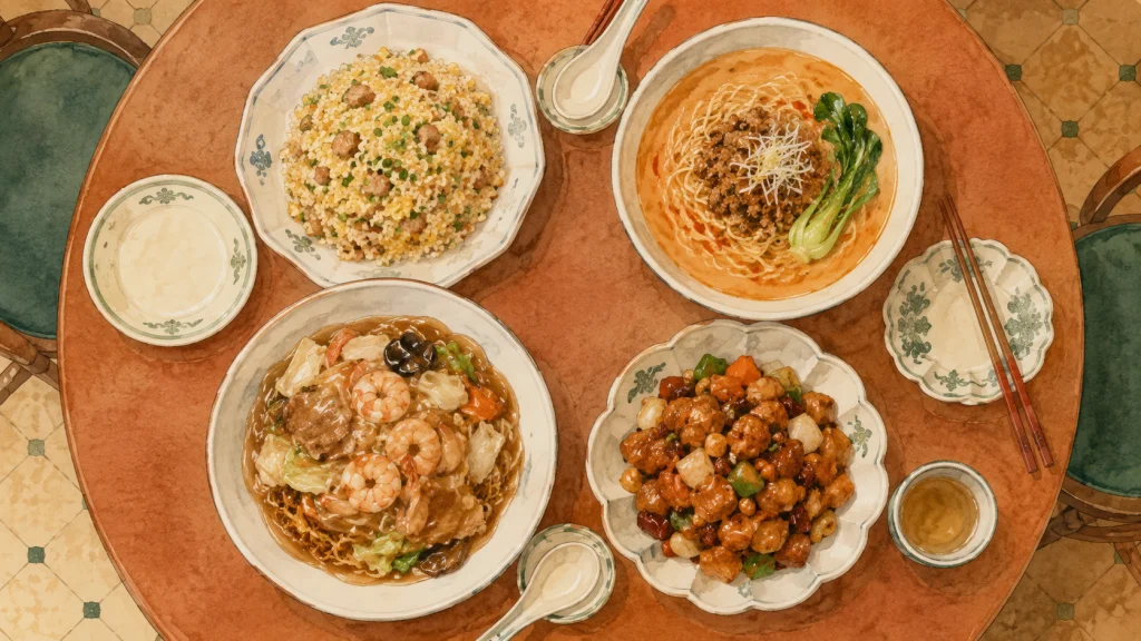 チャーハンや担々麺など複数のメニューが並ぶテーブル