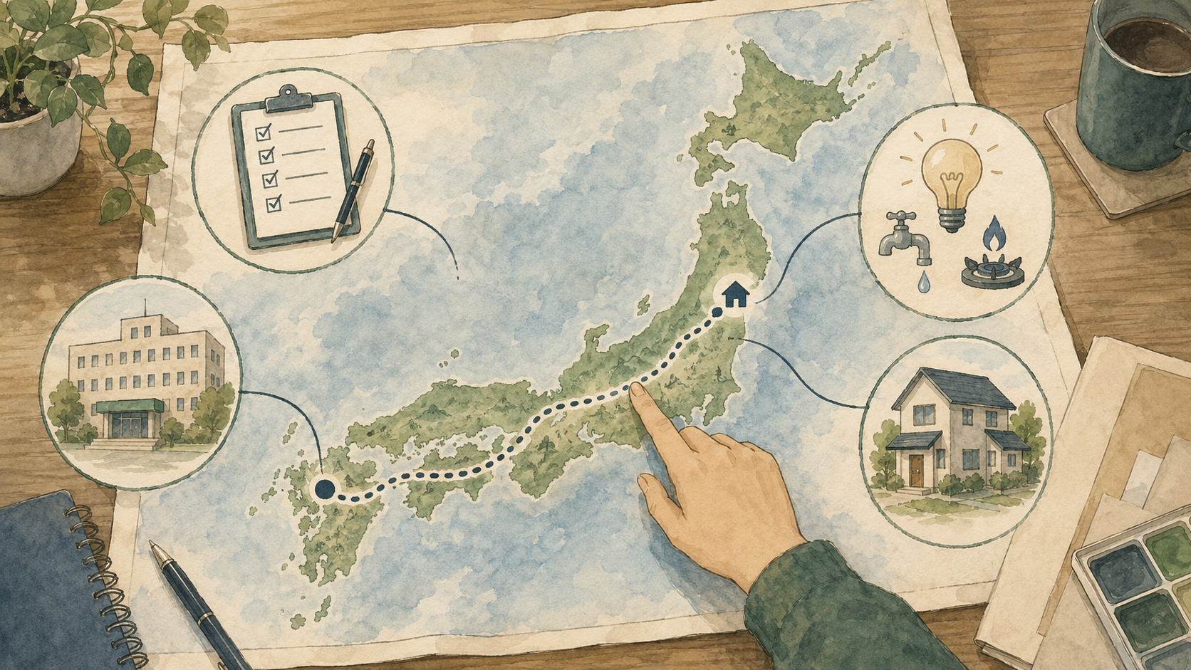 遠距離移住の全体像を地図と手続きリストで見渡すイメージ