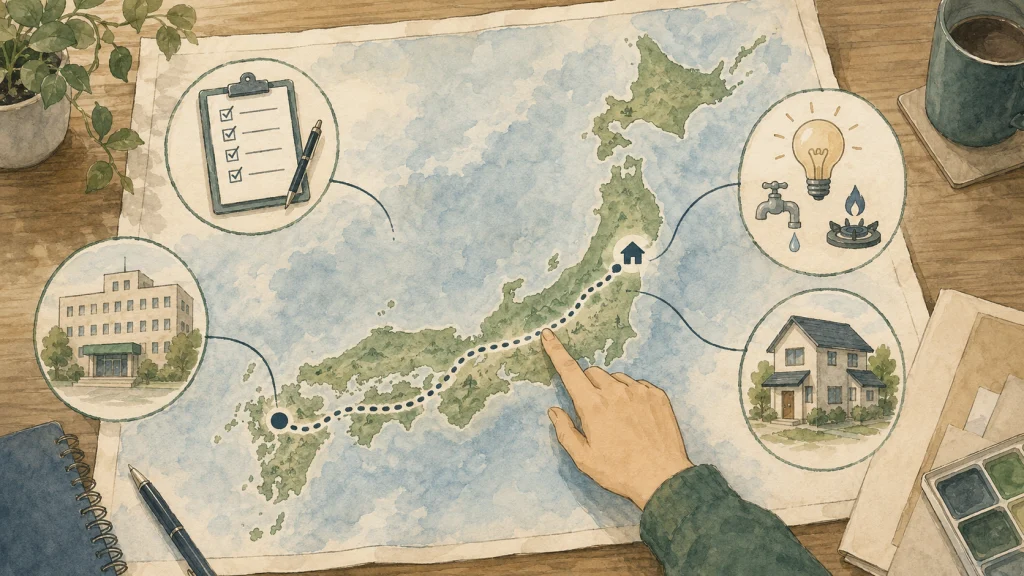 遠距離移住の全体像を地図と手続きリストで見渡すイメージ
