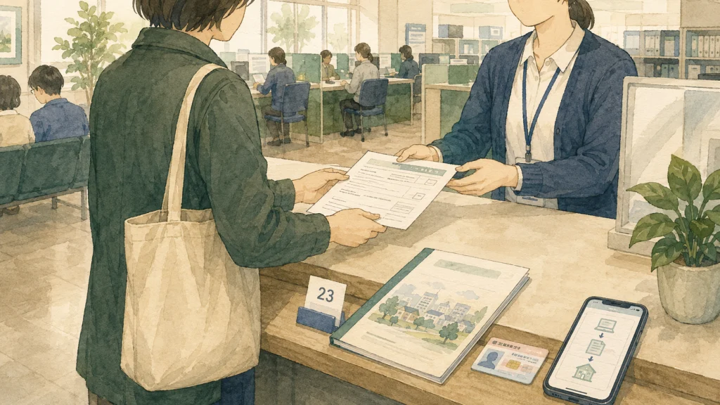 役所の窓口で転出届など移住前の手続きを済ませる場面