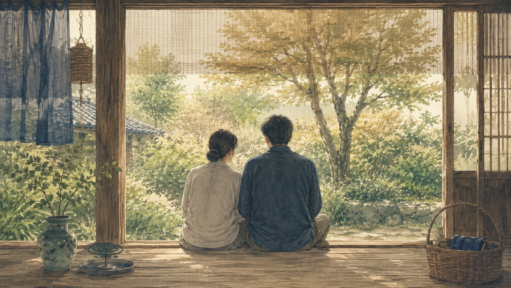 古民家の縁側から見える庭と、季節の移ろいを感じさせる情景