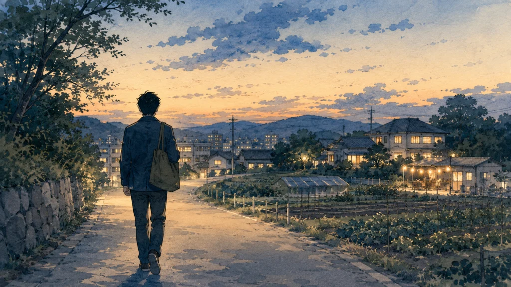 夕暮れの中、会社と自分の事業の両方を象徴する道を歩む人物の後ろ姿
