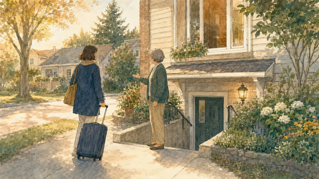 住宅街の一戸建てに旅行かばんを持って到着した人物の後ろ姿