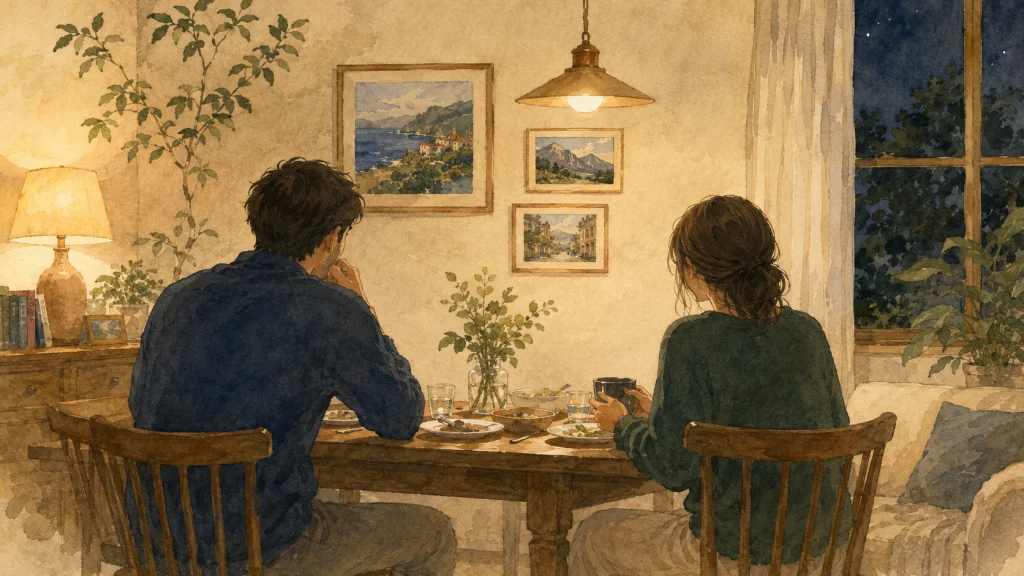 夕食後のリビングで向かい合って話す夫婦の後ろ姿