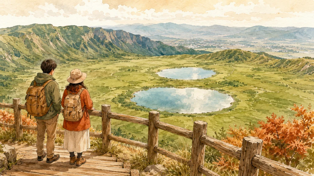 外輪山を背景に草原の中に水たまりが広がる展望台からの眺め