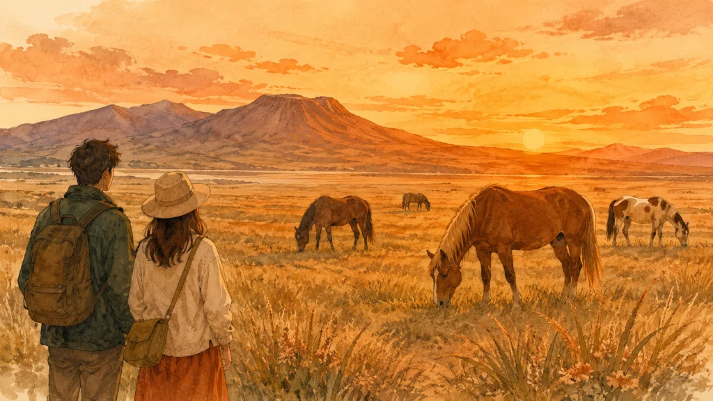 夕方の草原で放牧されている馬とそれを見守る旅行者