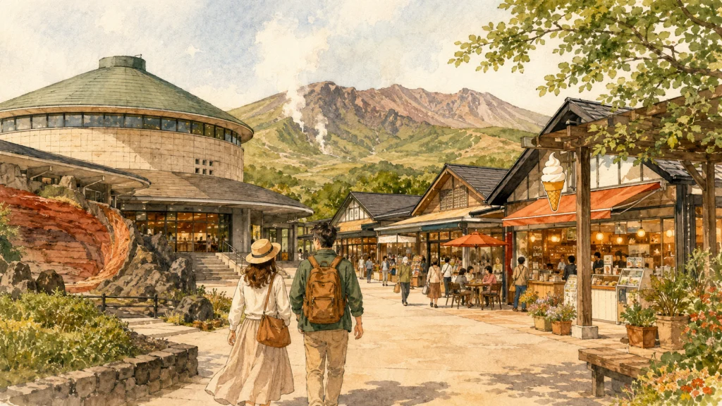 博物館の建物と物産店・カフェが並ぶ周辺エリアの様子
