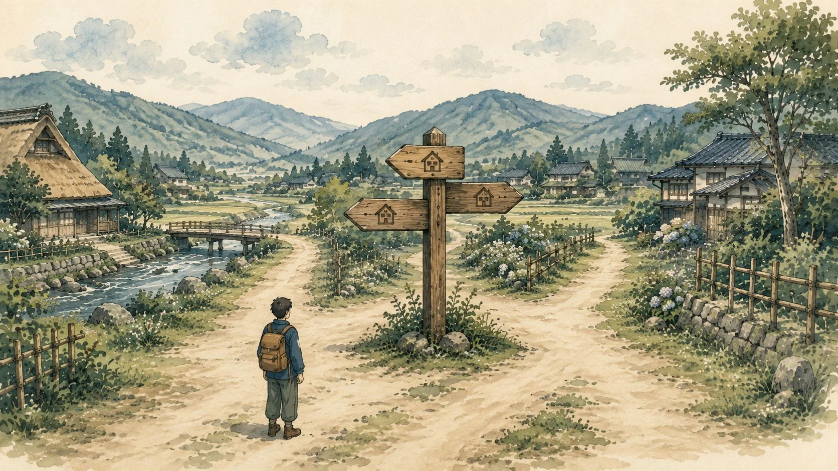 民泊の3つの制度を示す道しるべのイラスト
