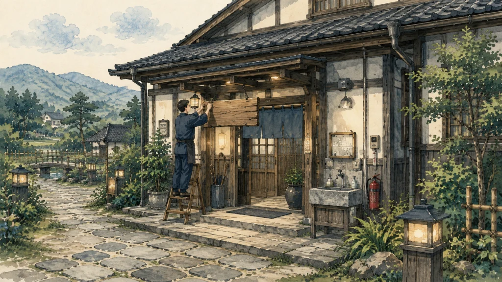 宿の看板と設備を整える簡易宿所のイラスト
