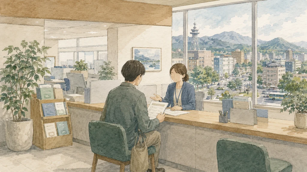 大分市役所の窓口で移住補助金の資料を確認する様子