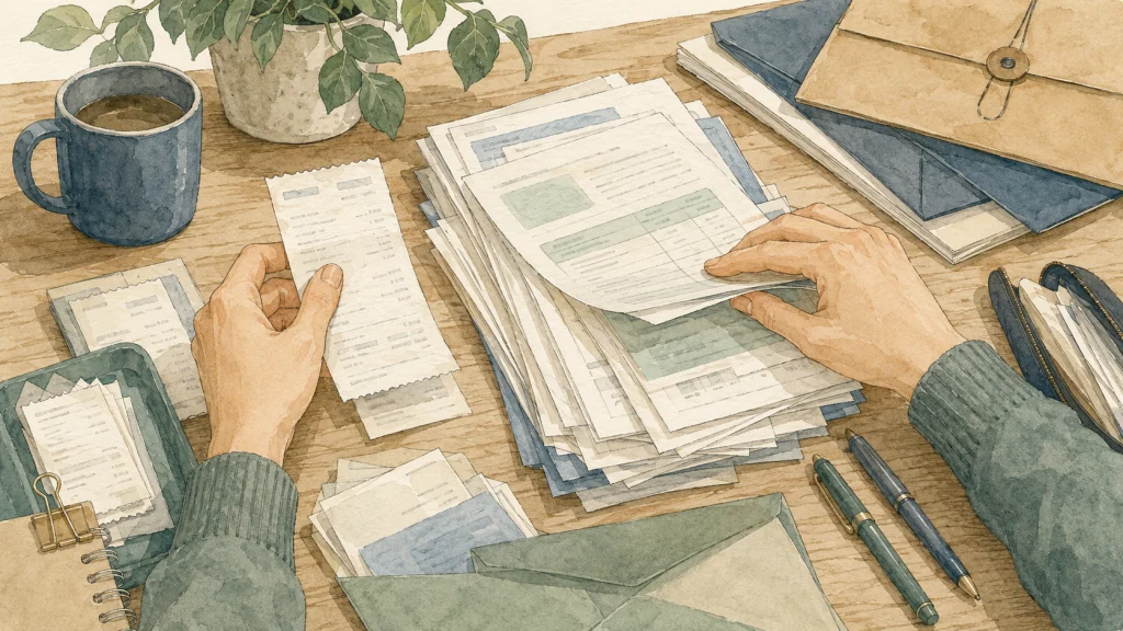 領収書やレシートを整理しながら申請書類を準備する様子