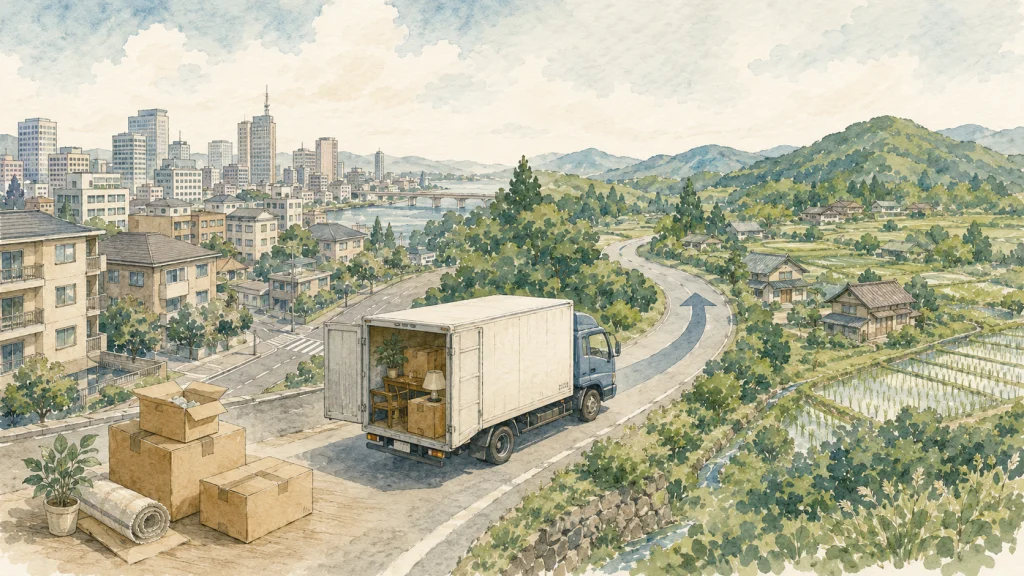 引っ越しの荷物と書類を前に考え込む人物