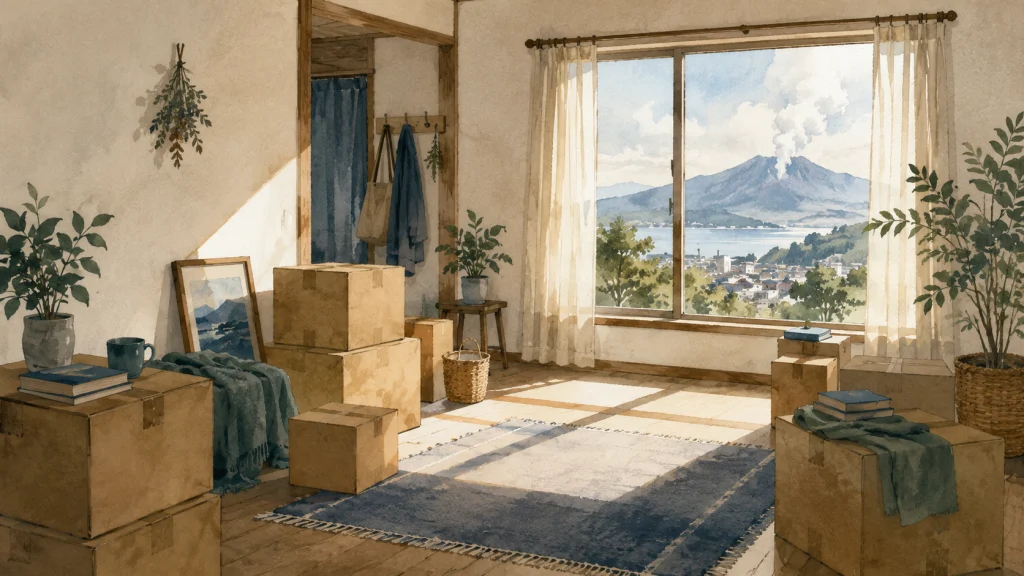 荷造りを終えた段ボール箱が並ぶ部屋に、窓から柔らかな朝日が差し込む様子