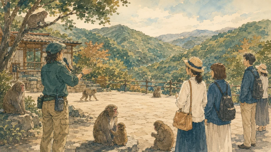 サルたちの近くで解説する飼育員と、のんびり耳を傾ける観光客