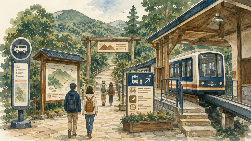 バス停と案内看板、モノレール乗り場が見える高崎山の入り口風景