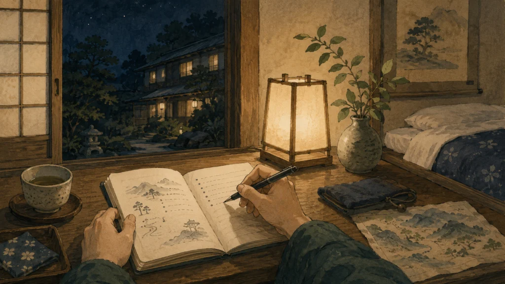 旅館の部屋で翌日の予定を書き出す静かな夜のシーン