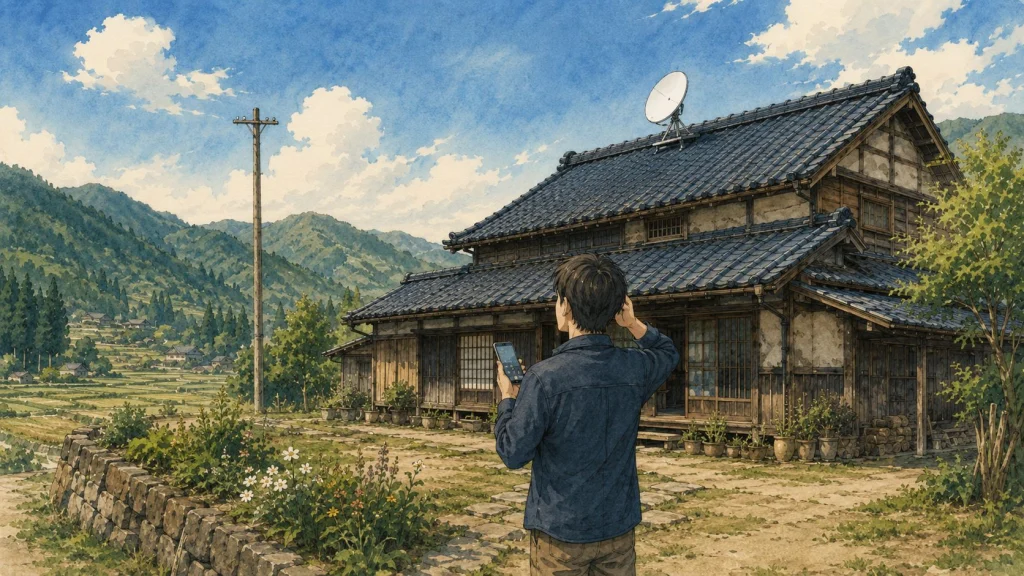 古民家の前で通信会社への問い合わせに困る様子