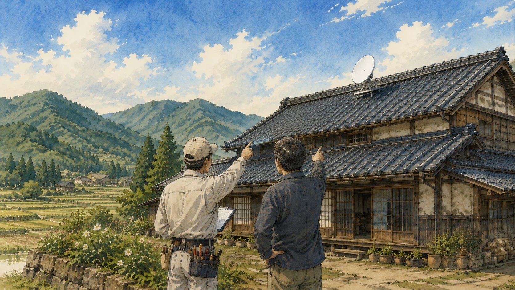 アンテナ設置業者と打ち合わせする様子