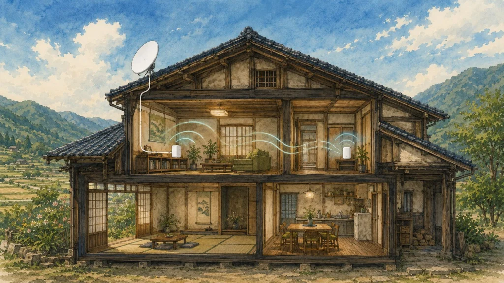 屋外アンテナから宅内配線、メッシュルーターまでの構成イメージ