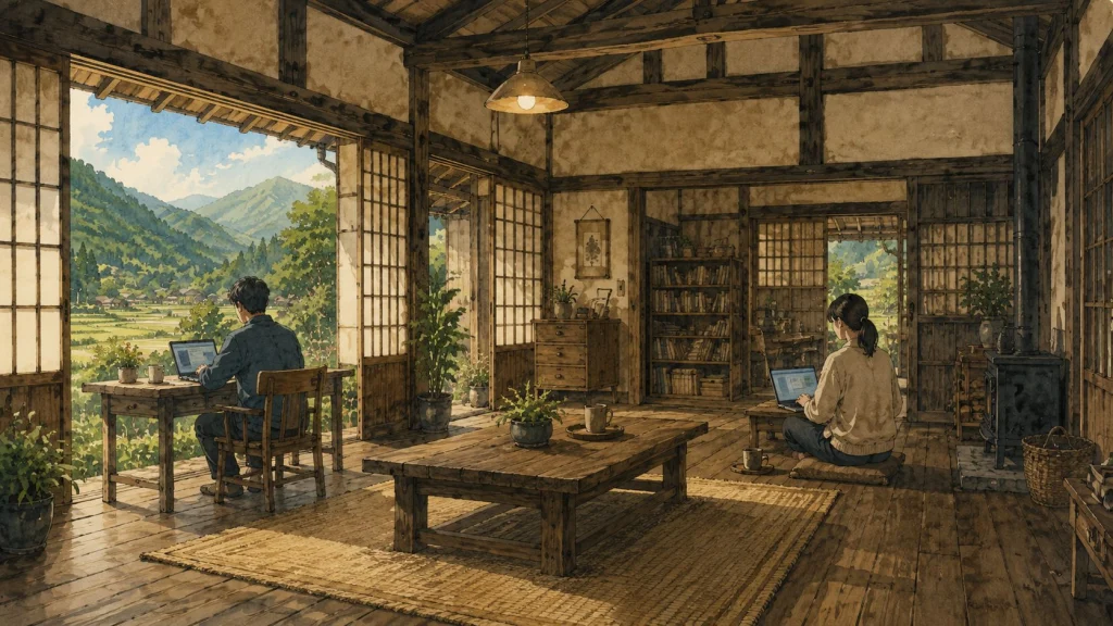 古民家でリモートワークする夫婦の後ろ姿