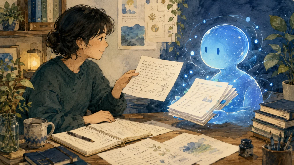 人間の体験メモとAIの原稿を組み合わせる様子