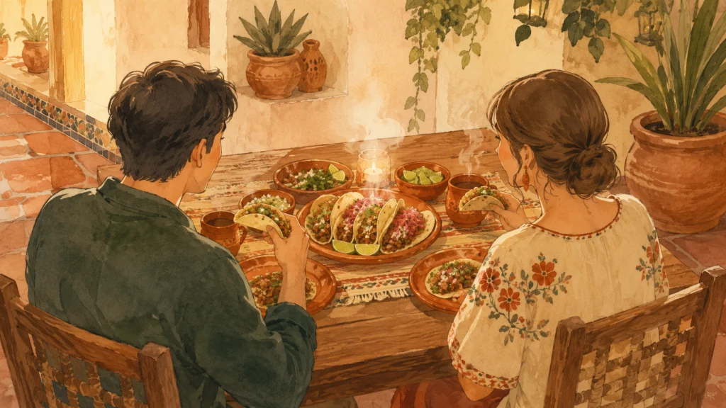 タコスの皿を挟んで向かい合う夫婦の食卓