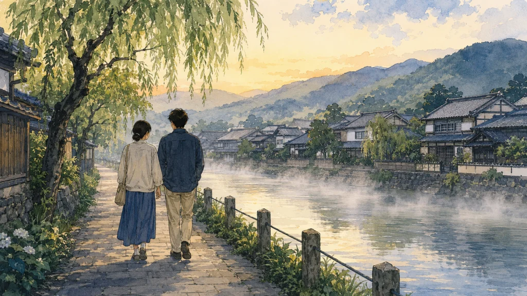 夏の早朝、川沿いの道を歩く夫婦の後ろ姿