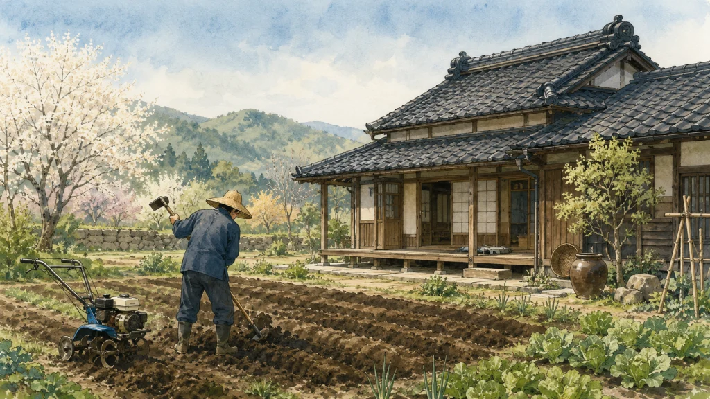 古民家の庭を鍬で耕し始める人物の後ろ姿