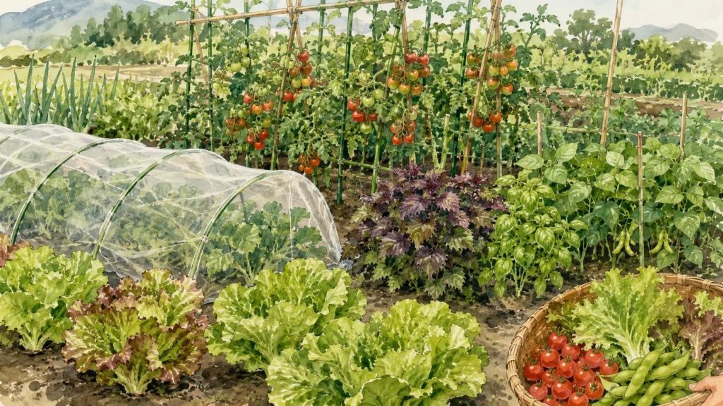 畑にサニーレタスやミニトマトなど数種の野菜が実る様子