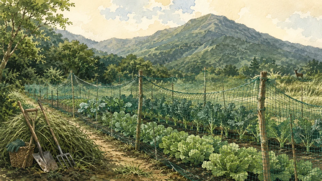 裏山を背景に防獣ネットを張った畑と草むしりの道具