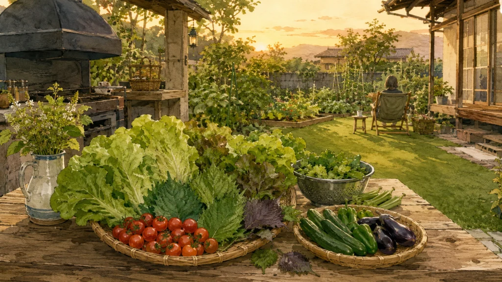 夕方の庭で収穫した野菜をテーブルに並べた穏やかな暮らしの風景