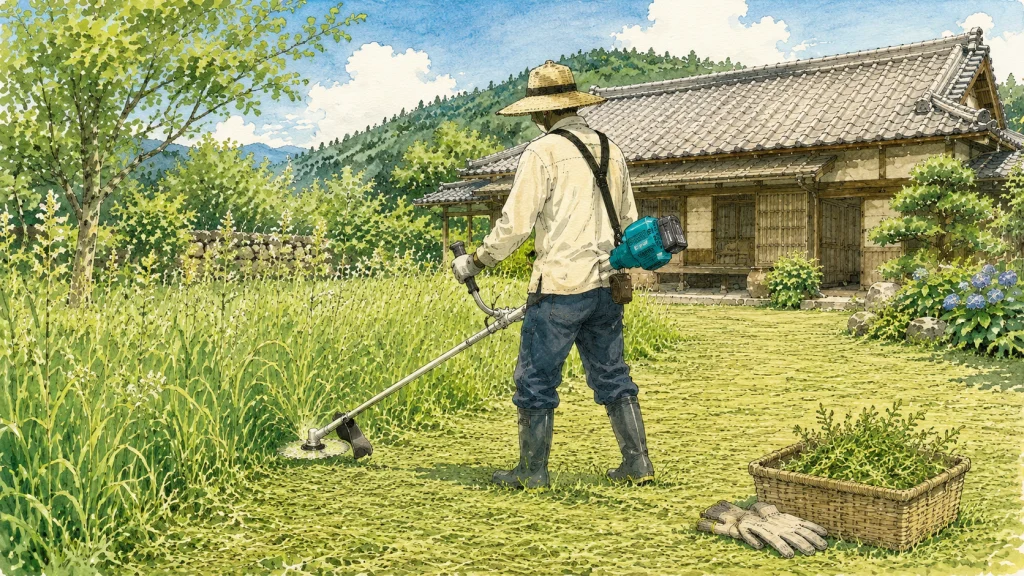 草刈り機を選ぶ人と、庭に伸びた雑草