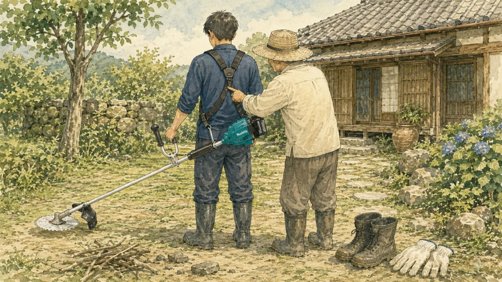 防草シートと人工芝の際に生えた草を刈る場面