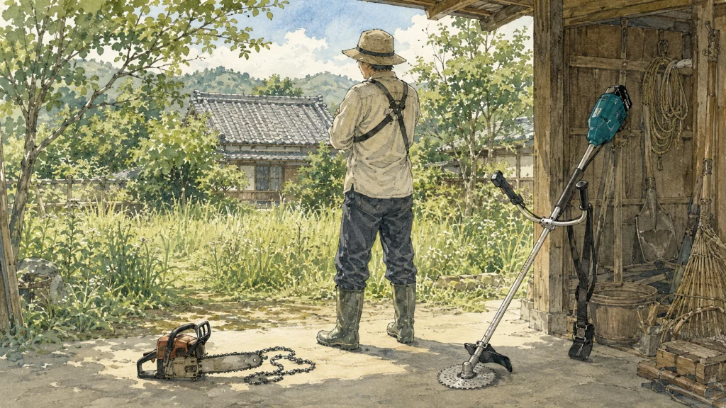 広い庭と狭い花壇まわりを見比べる構図