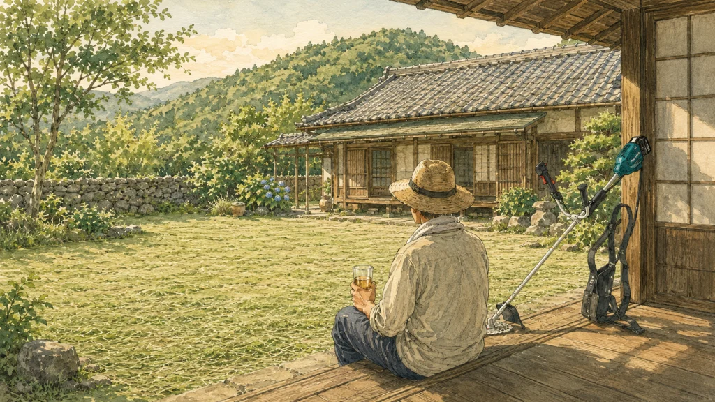 草刈りを終えて整った庭を眺める後ろ姿