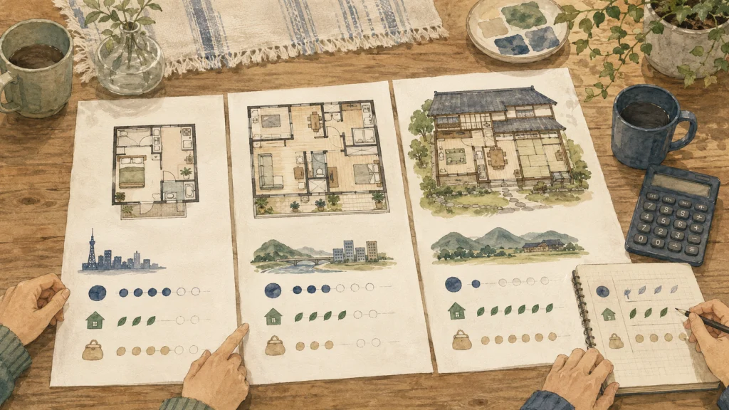 東京・大分市・日田市の家計の変化を示す表を見つめる様子