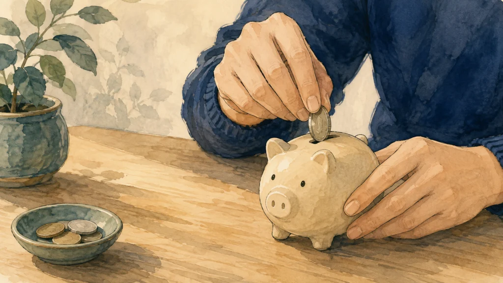 貯金箱に小銭を少しずつ積み重ねていく様子のイラスト