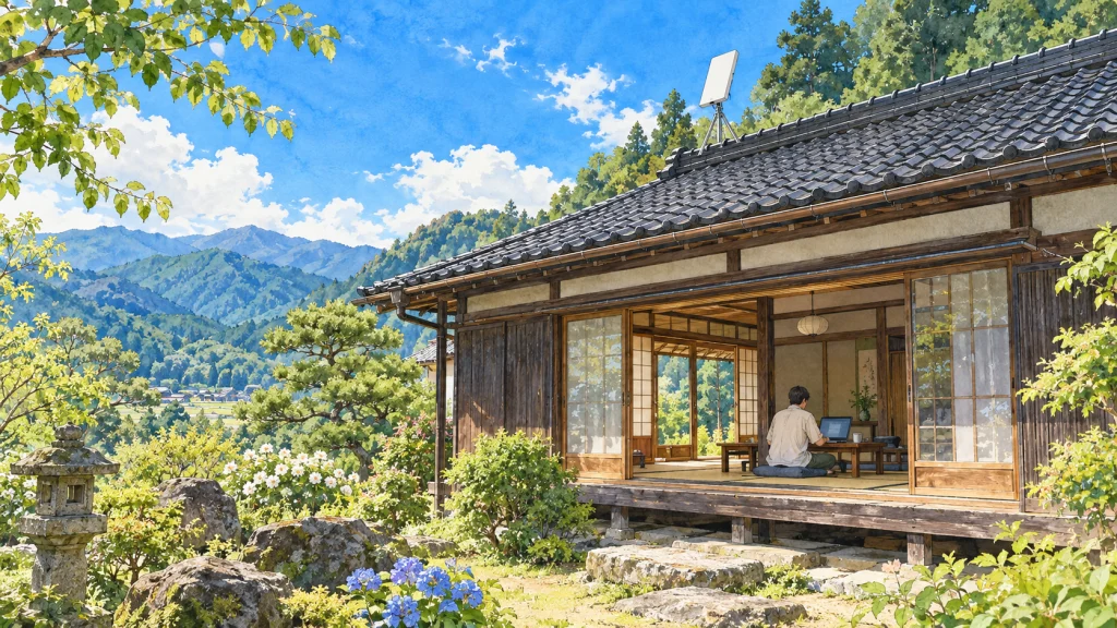 晴れた日の古民家の屋根に白い平らなパネル型アンテナが立ち、縁側の奥でノートパソコンに向かう人物の後ろ姿