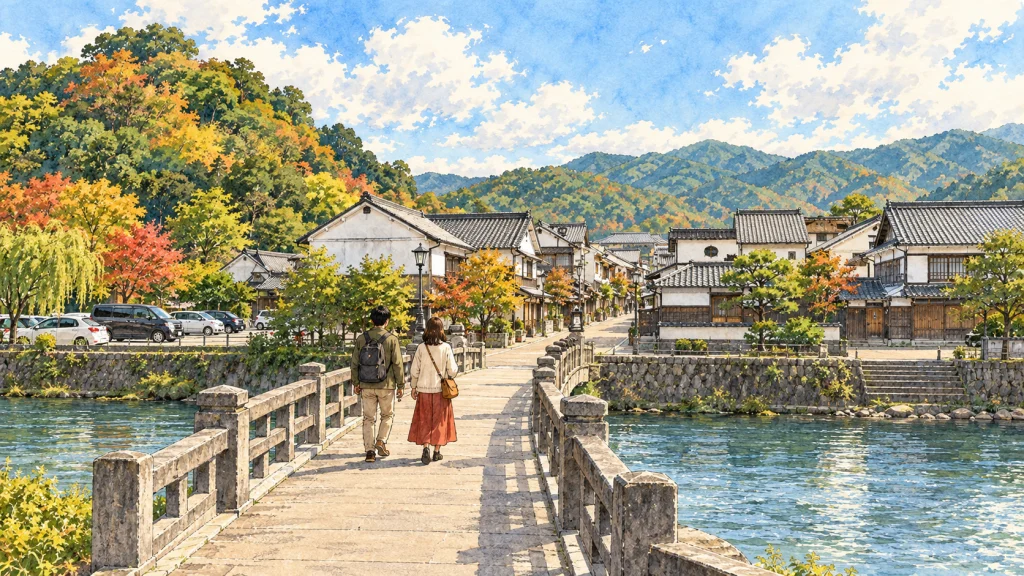 川にかかる橋を渡り、古い町並みのほうへ歩いていく2人の後ろ姿
