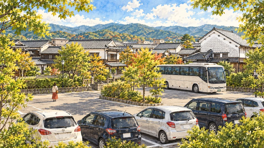 緑に囲まれた駐車場に、乗用車と観光バスがそれぞれの区画に並んで停まっている様子