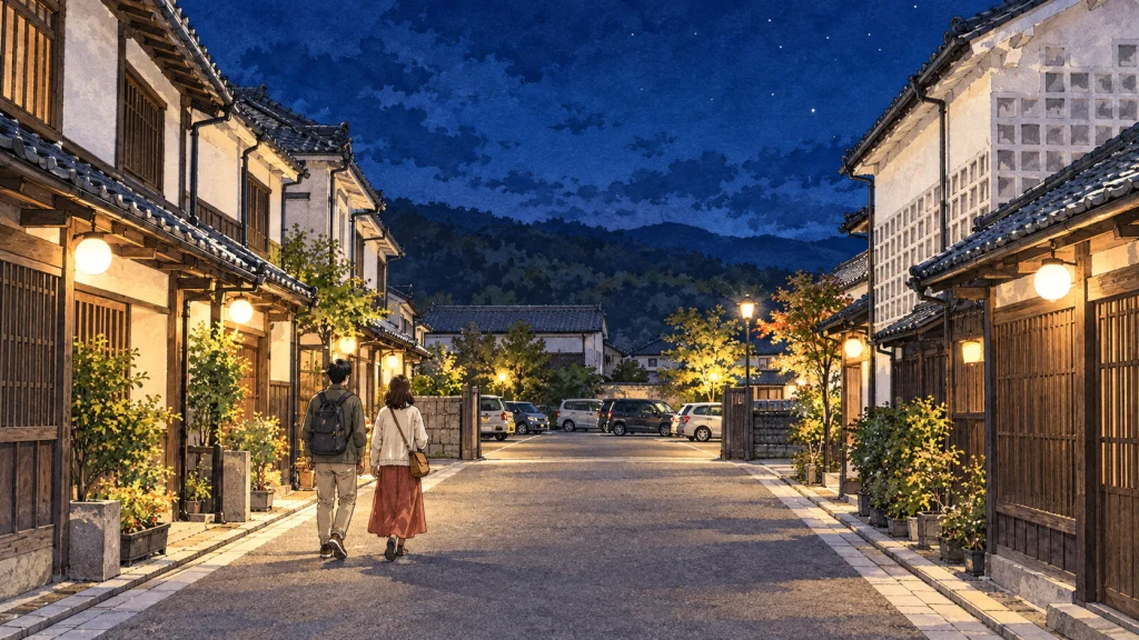 夕食後の夜の町並みを抜けて、灯りのともる駐車場の車へ歩いていく2人の後ろ姿